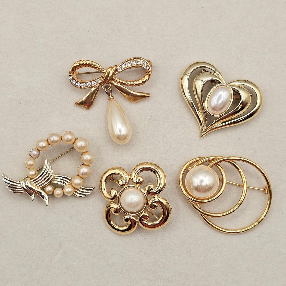 Gold Tone Faux Pearl Brooch Lot 5pc Heart Bow Floral Wedding Classic
